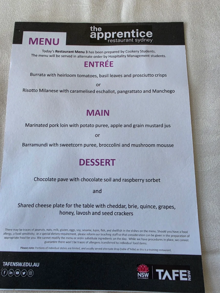 Menu, The Apprentice Restaurant Sydney