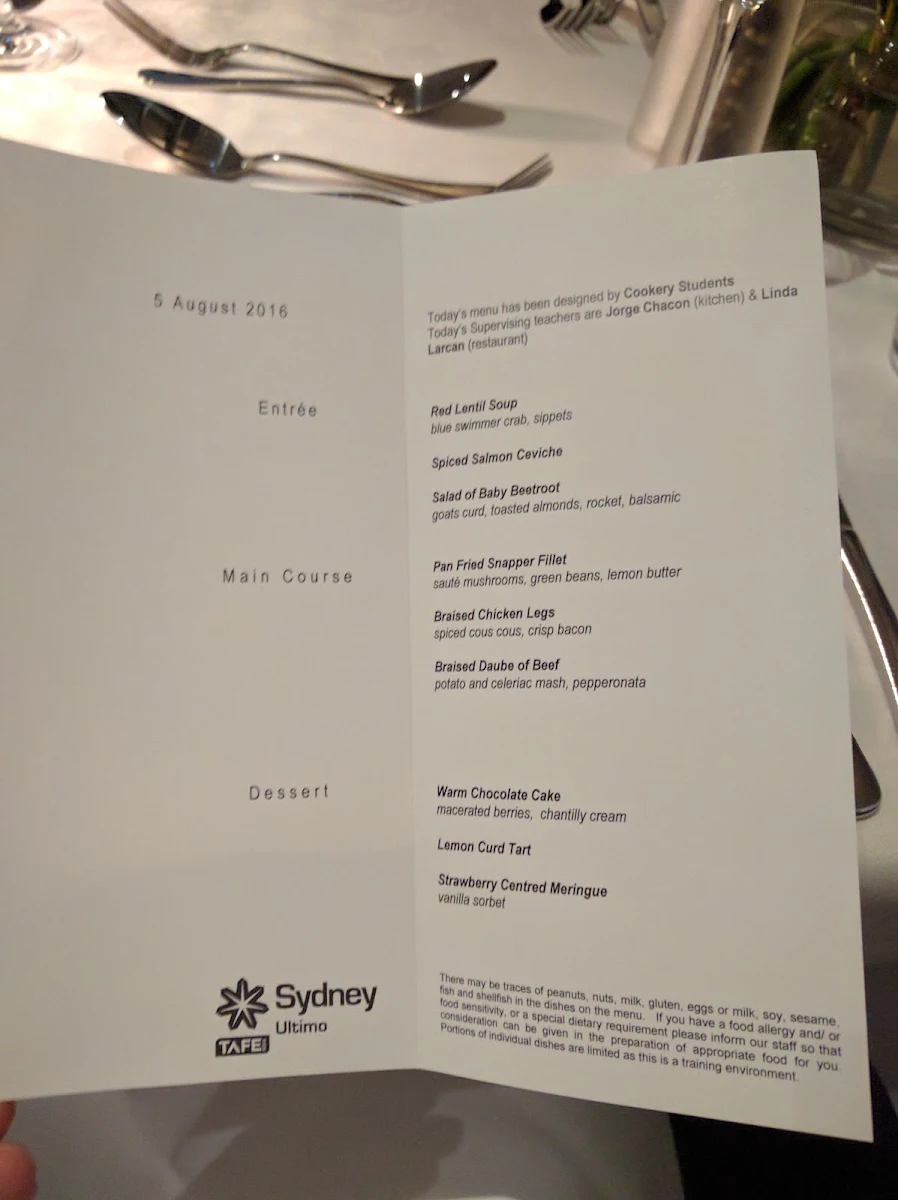 Menu, The Apprentice Restaurant Sydney
