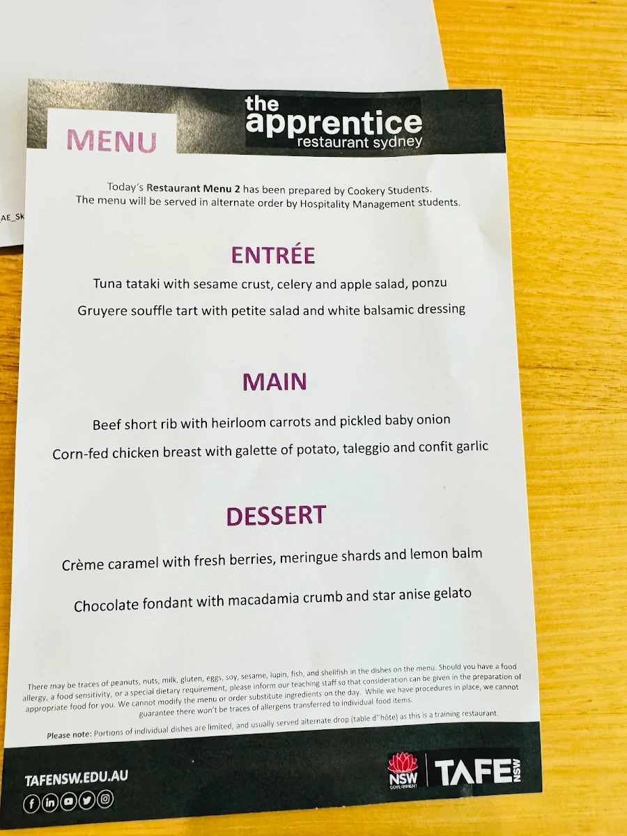 Menu, The Apprentice Restaurant Sydney