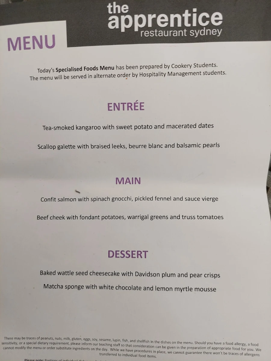 Menu, The Apprentice Restaurant Sydney