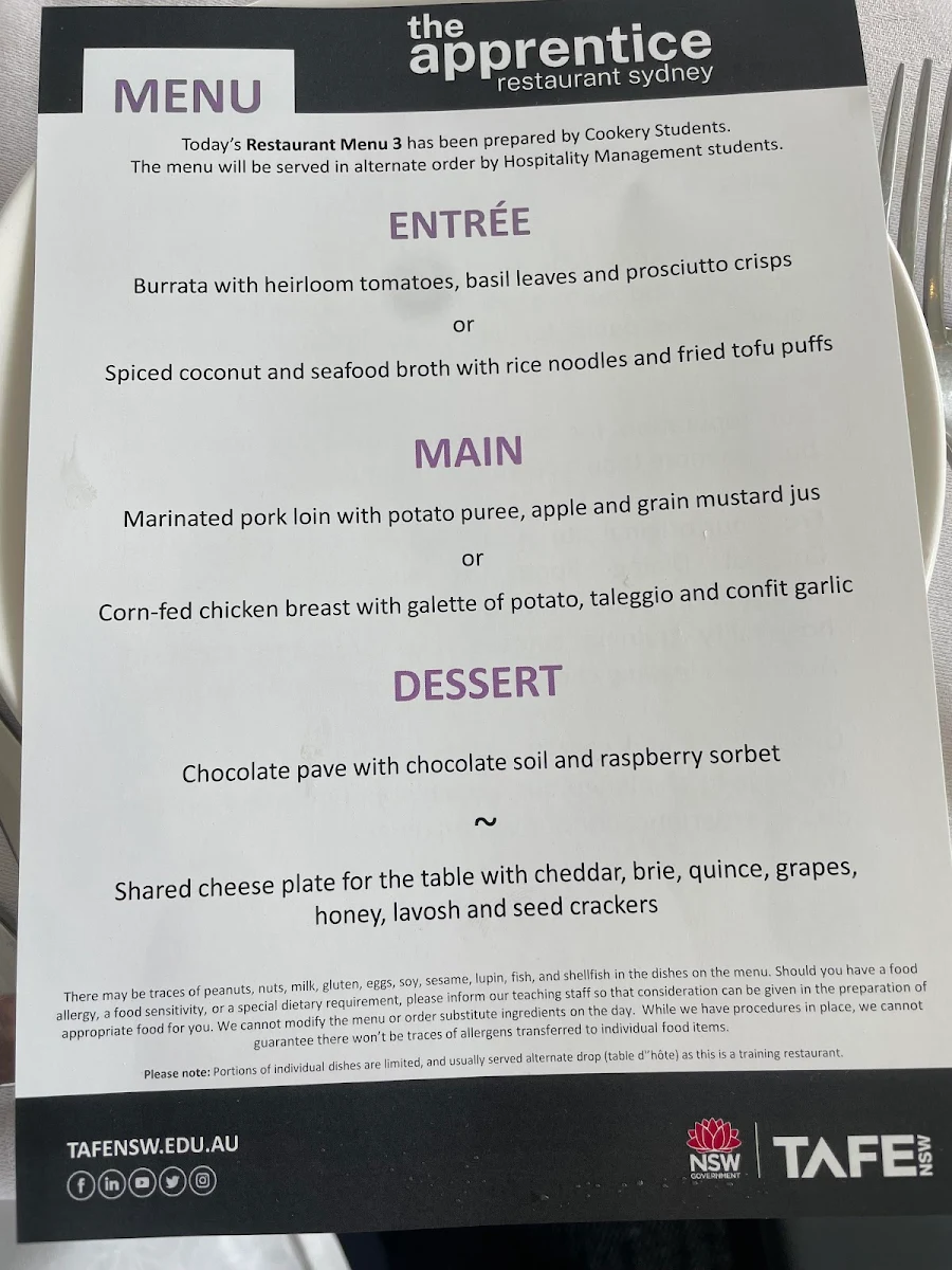Menu, The Apprentice Restaurant Sydney