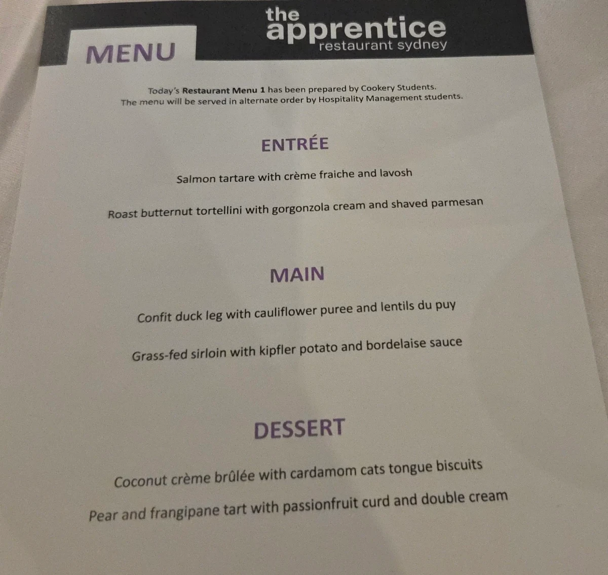 Menu, The Apprentice Restaurant Sydney