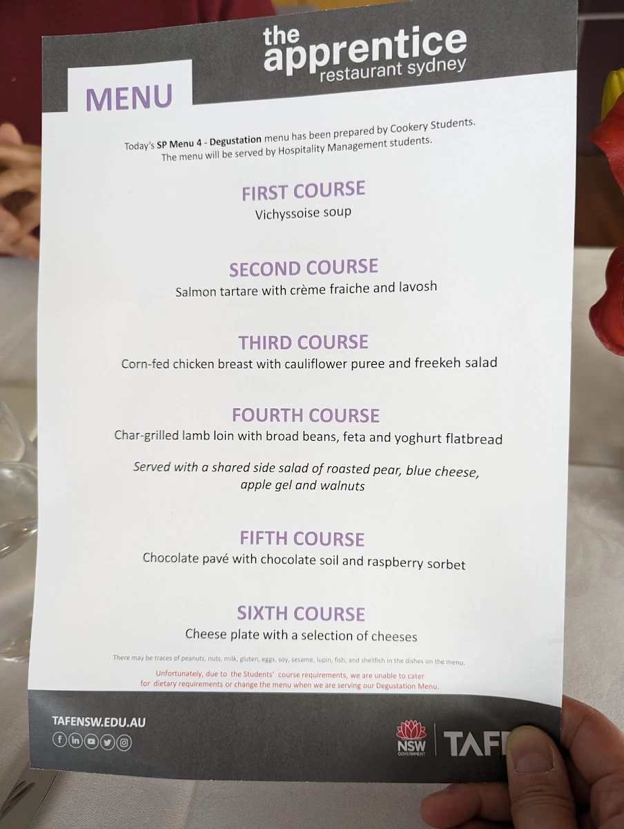 Menu, The Apprentice Restaurant Sydney