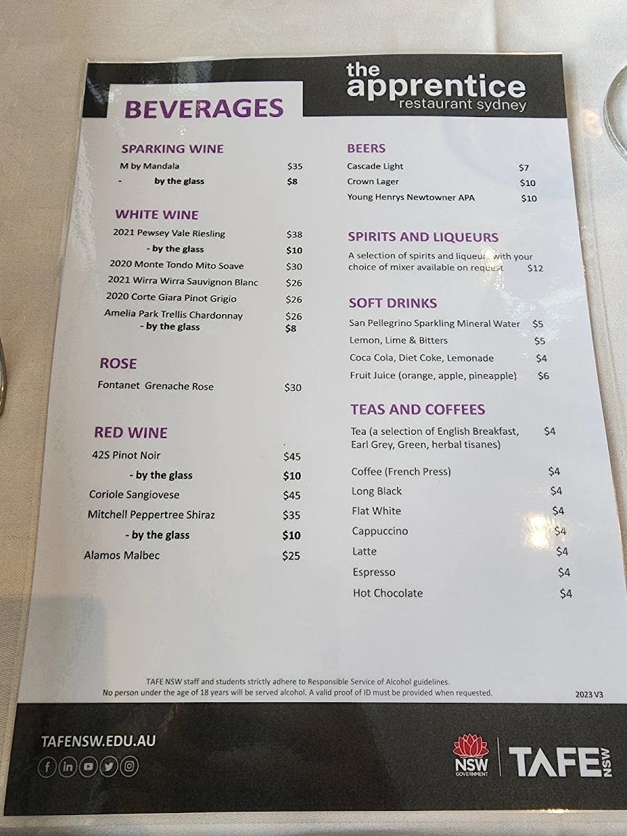 Menu, The Apprentice Restaurant Sydney