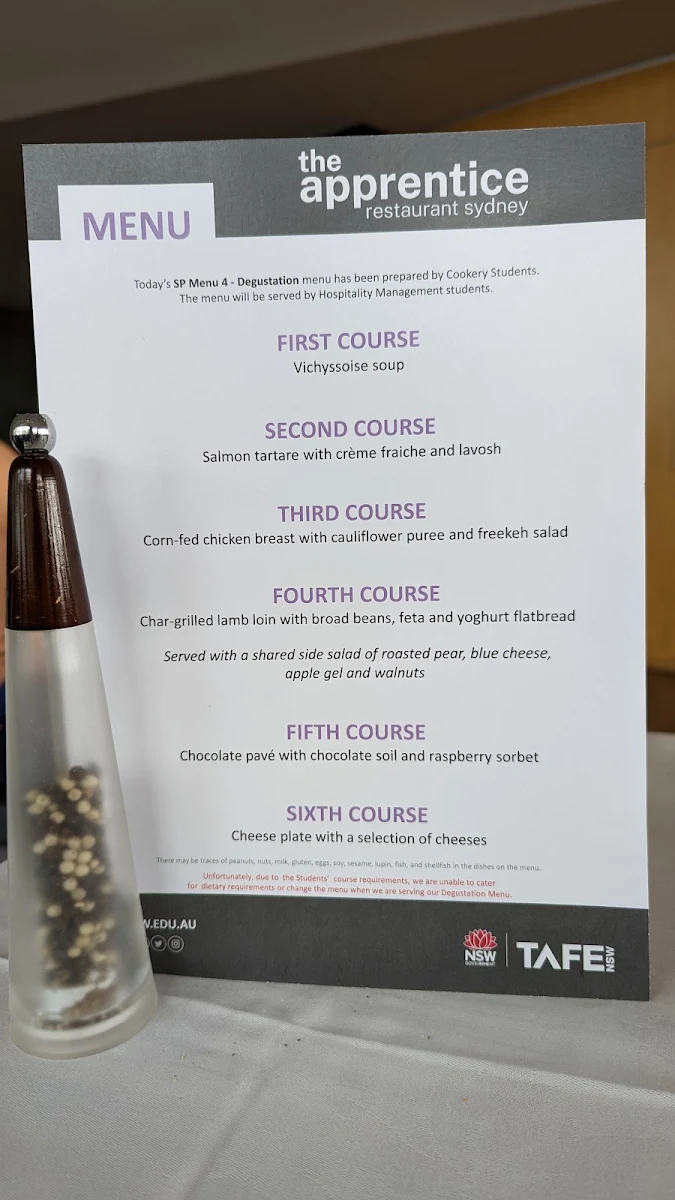 Menu, The Apprentice Restaurant Sydney