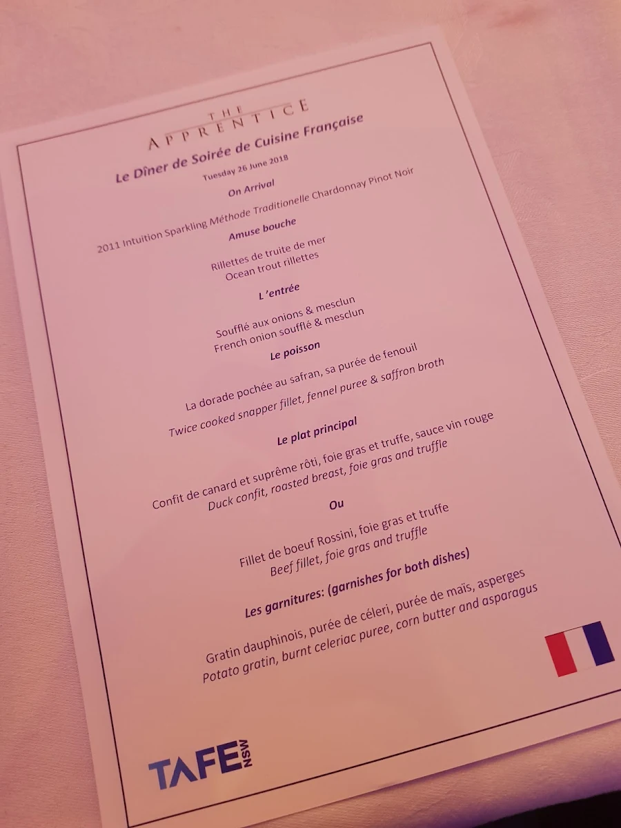 Menu, The Apprentice Restaurant Sydney