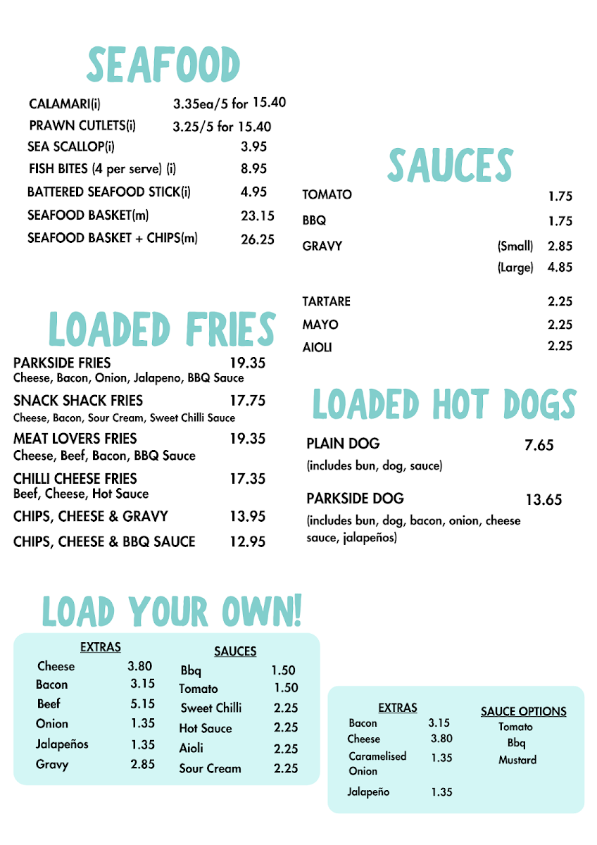Menu, Parkside Snack Shack