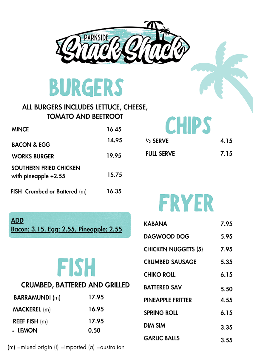 Menu, Parkside Snack Shack