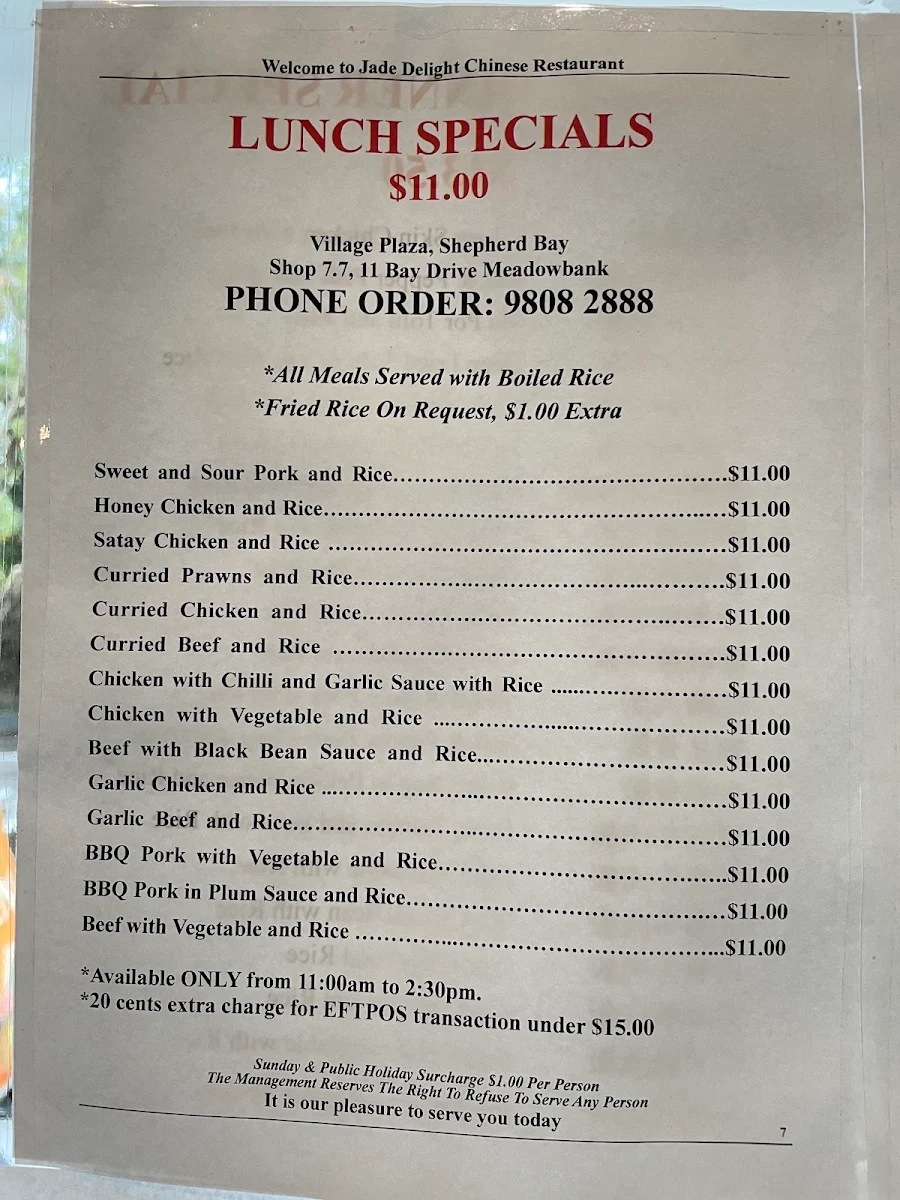 Menu, Jade Delight Meadowbank