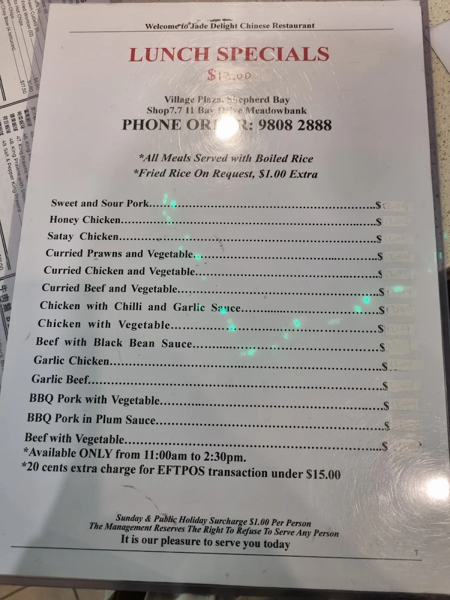 Menu, Jade Delight Meadowbank