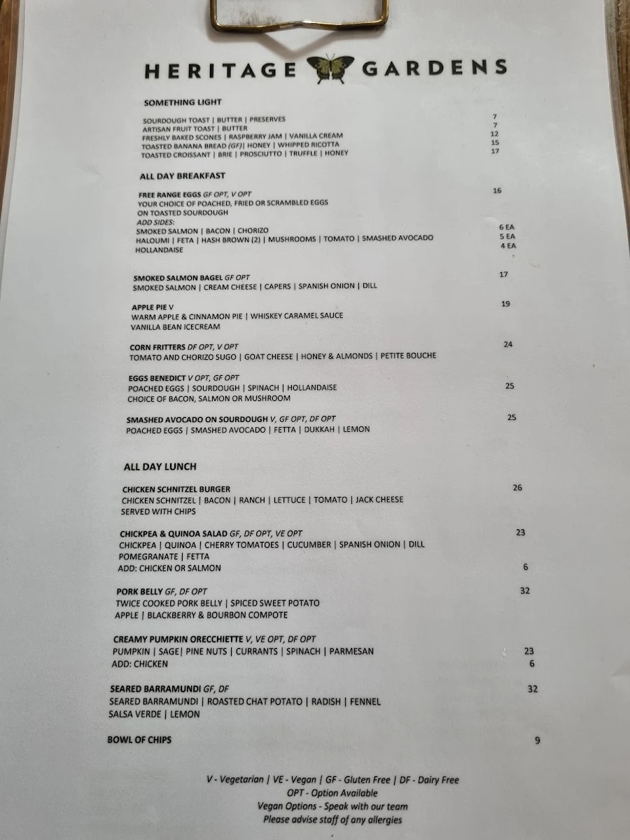Menu, Heritage Gardens Cafe