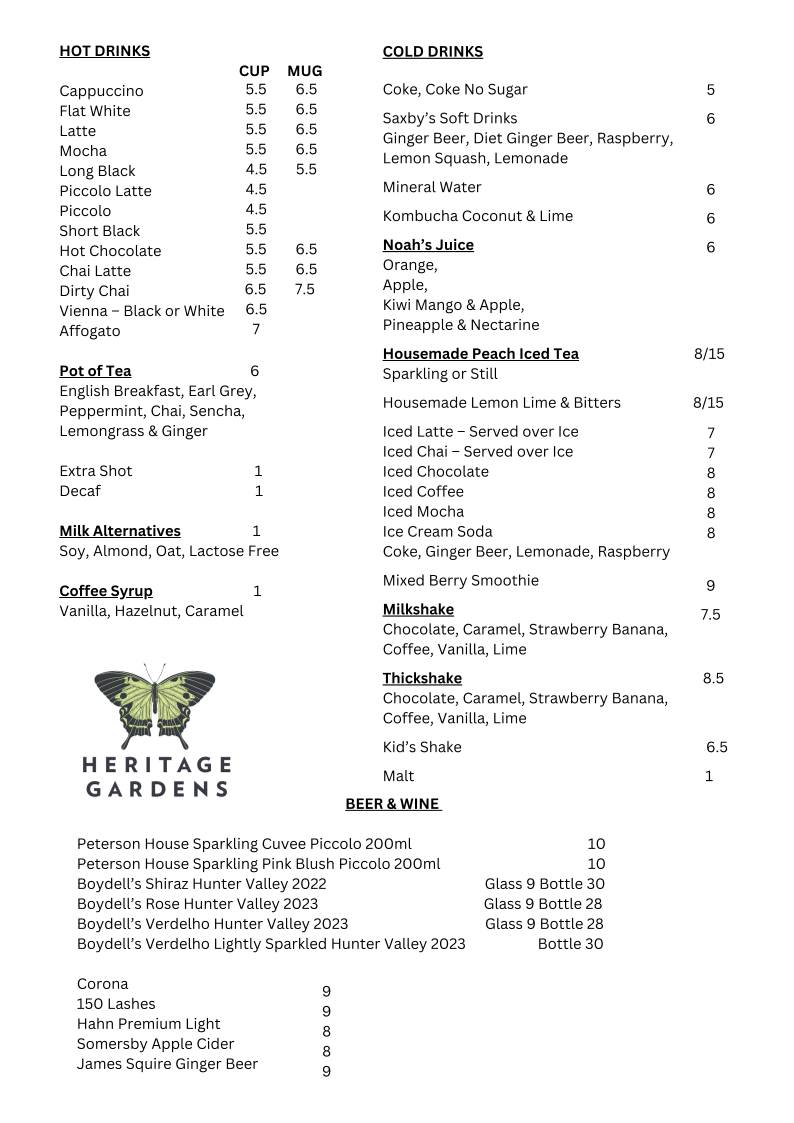 Menu, Heritage Gardens Cafe