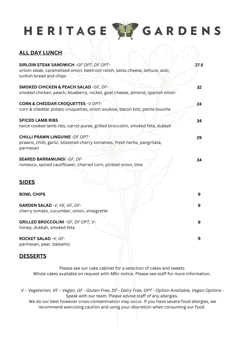 Menu, Heritage Gardens Cafe