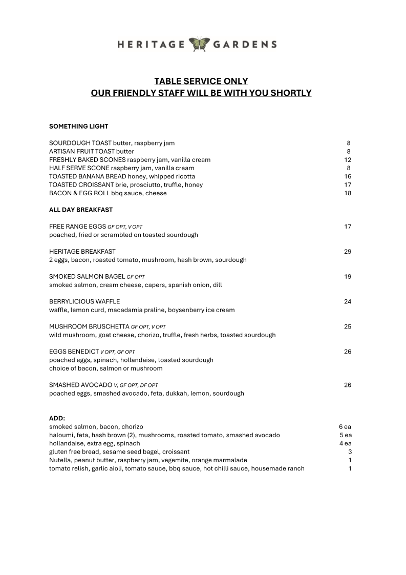 Menu, Heritage Gardens Cafe