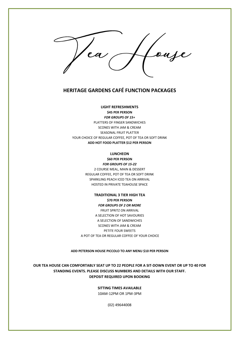 Menu, Heritage Gardens Cafe