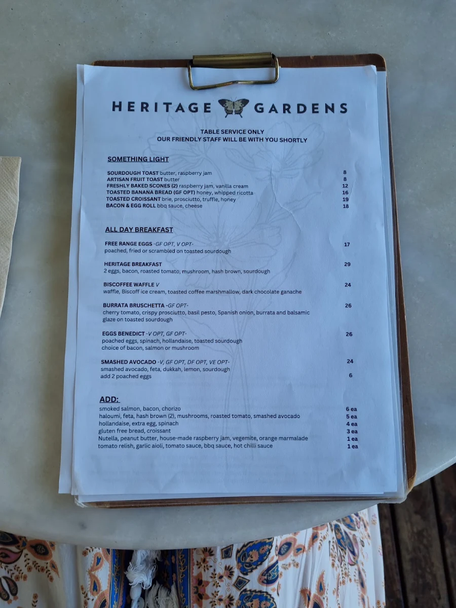Menu, Heritage Gardens Cafe