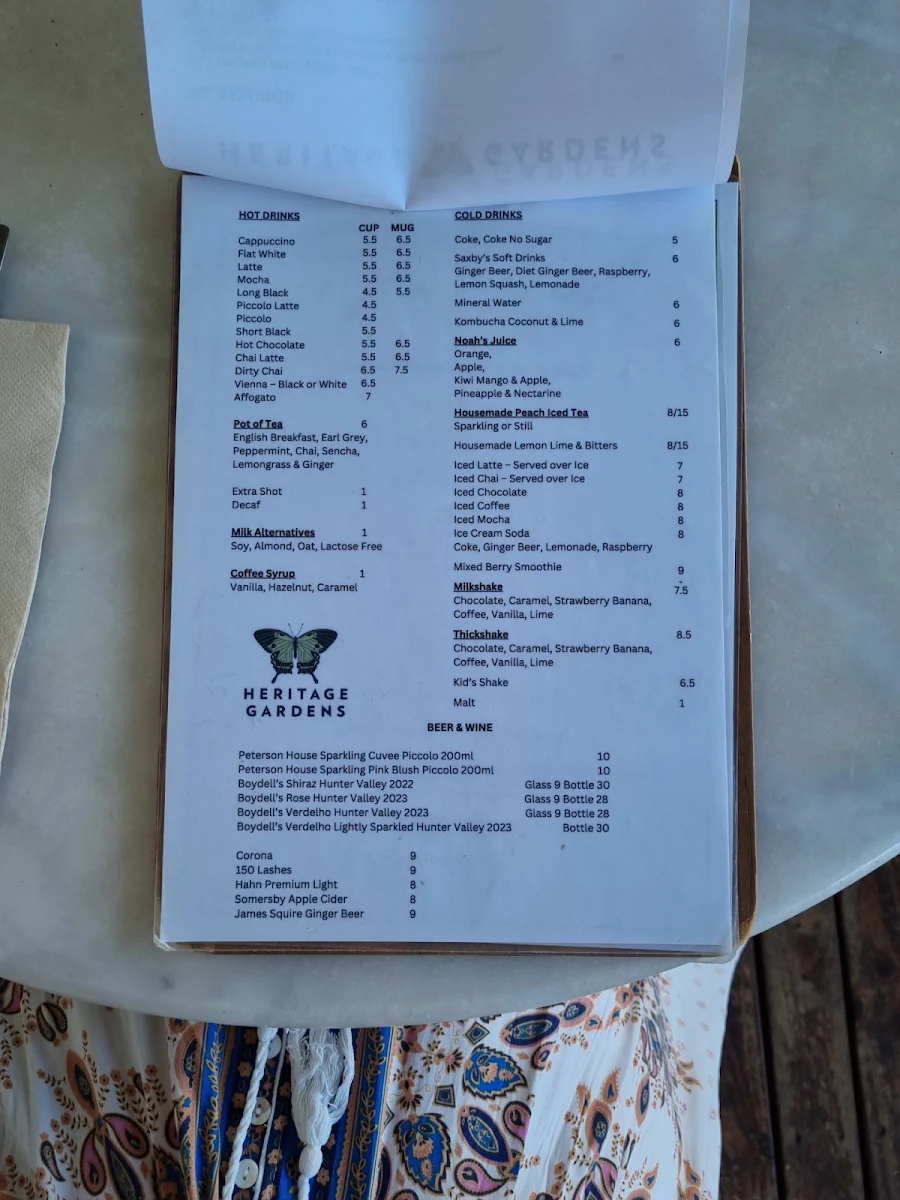 Menu, Heritage Gardens Cafe