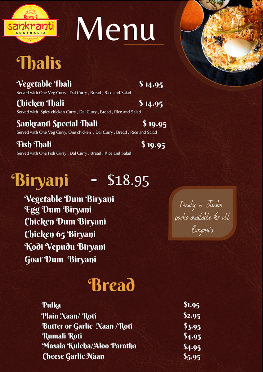 Menu, SANKRANTI AUSTRALIA