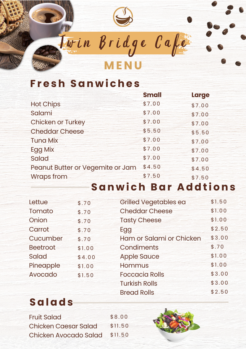 Menu, Twin Bridge Lunch Shop