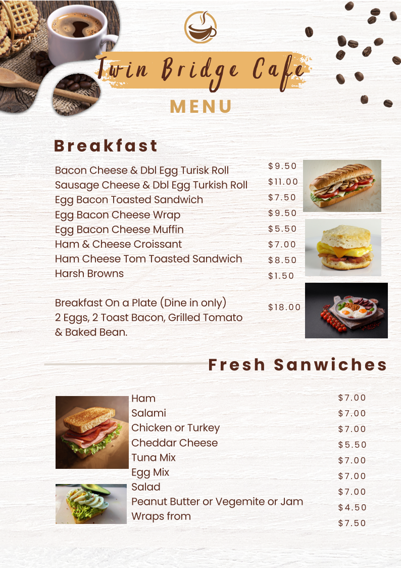 Menu, Twin Bridge Lunch Shop