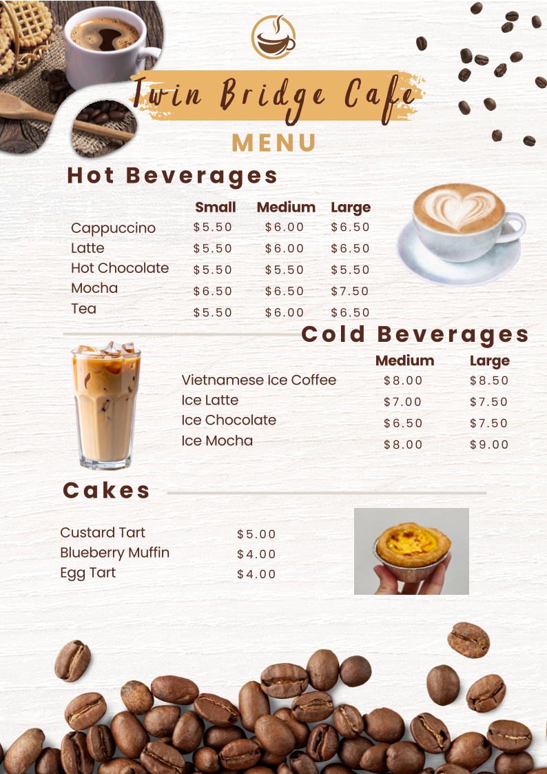 Menu, Twin Bridge Lunch Shop