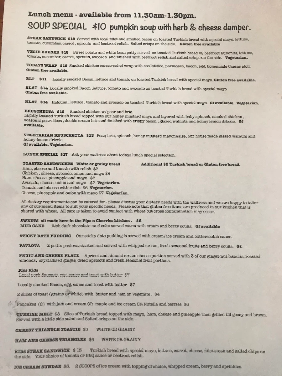 Menu, Pips' N' Cherries