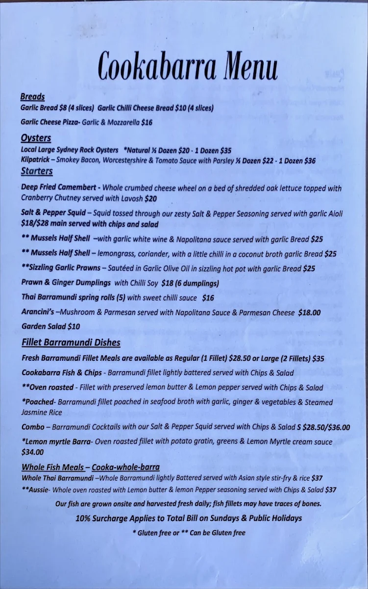 Menu, Cook-a-barra Restaurant & Function Centre