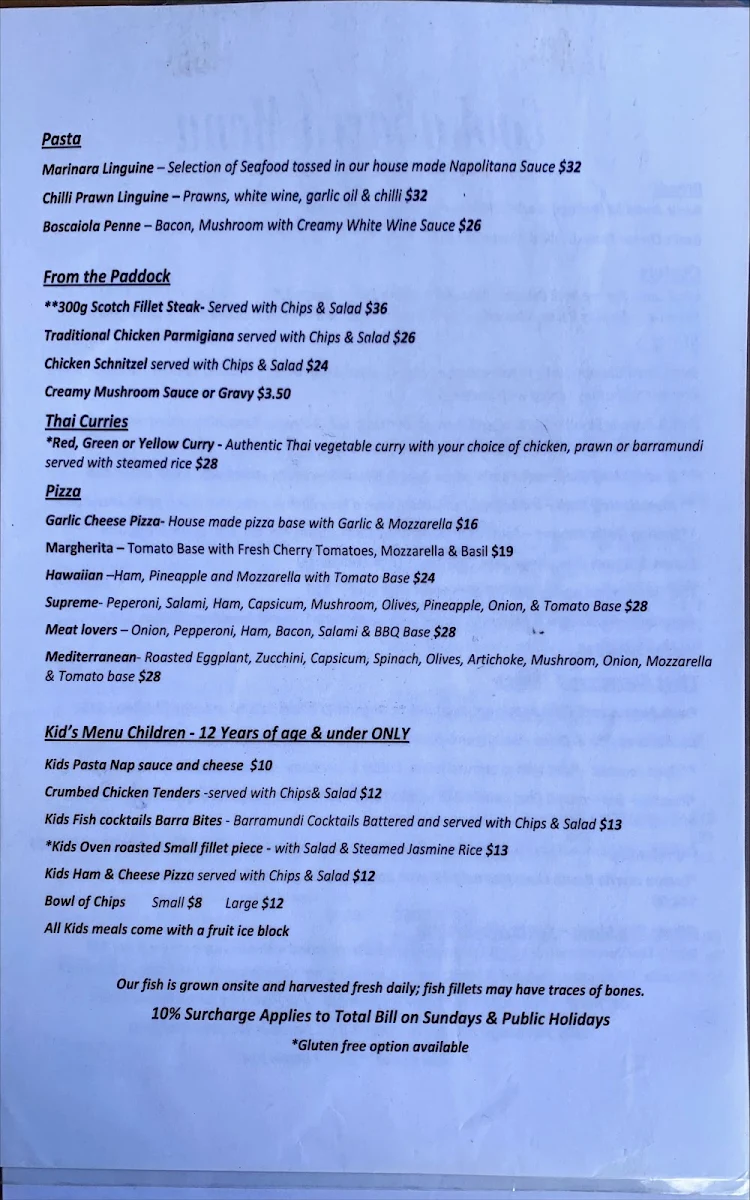 Menu, Cook-a-barra Restaurant & Function Centre