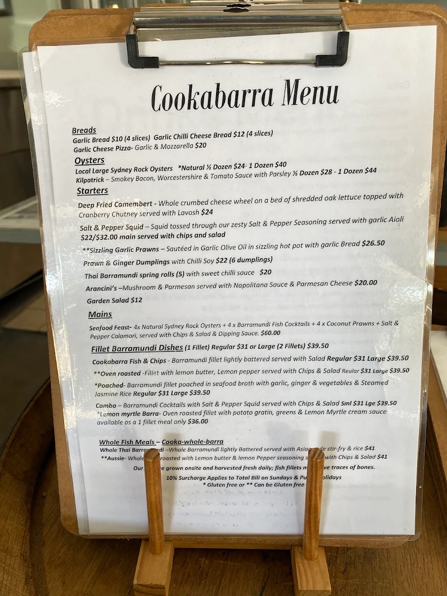 Menu, Cook-a-barra Restaurant & Function Centre