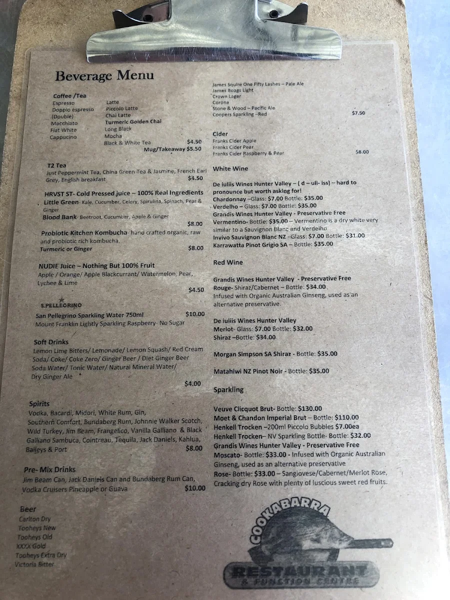 Menu, Cook-a-barra Restaurant & Function Centre