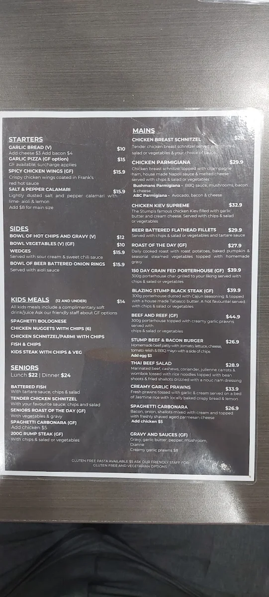 Menu, The Blazing Stump Hotel