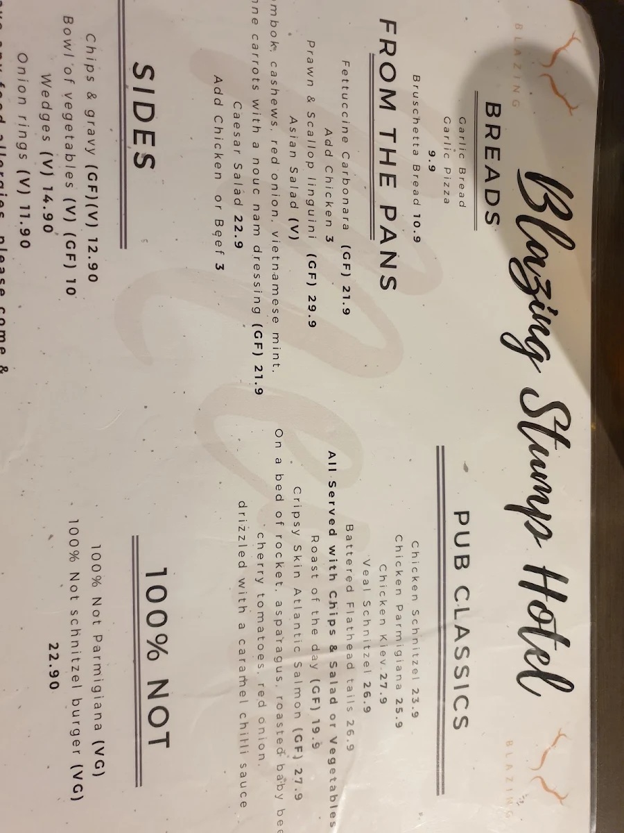 Menu, The Blazing Stump Hotel