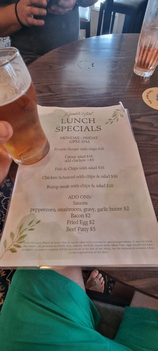 Menu, Pymble Hotel