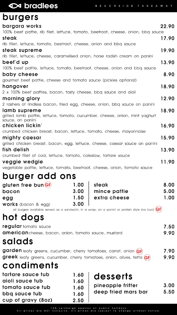 Menu, Bradlees Beachside Takeaway