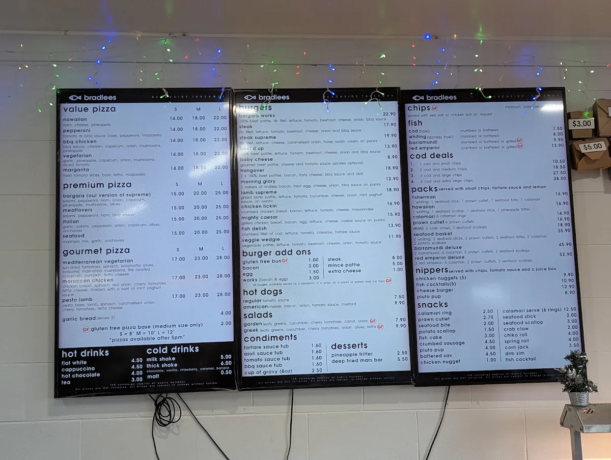 Menu, Bradlees Beachside Takeaway