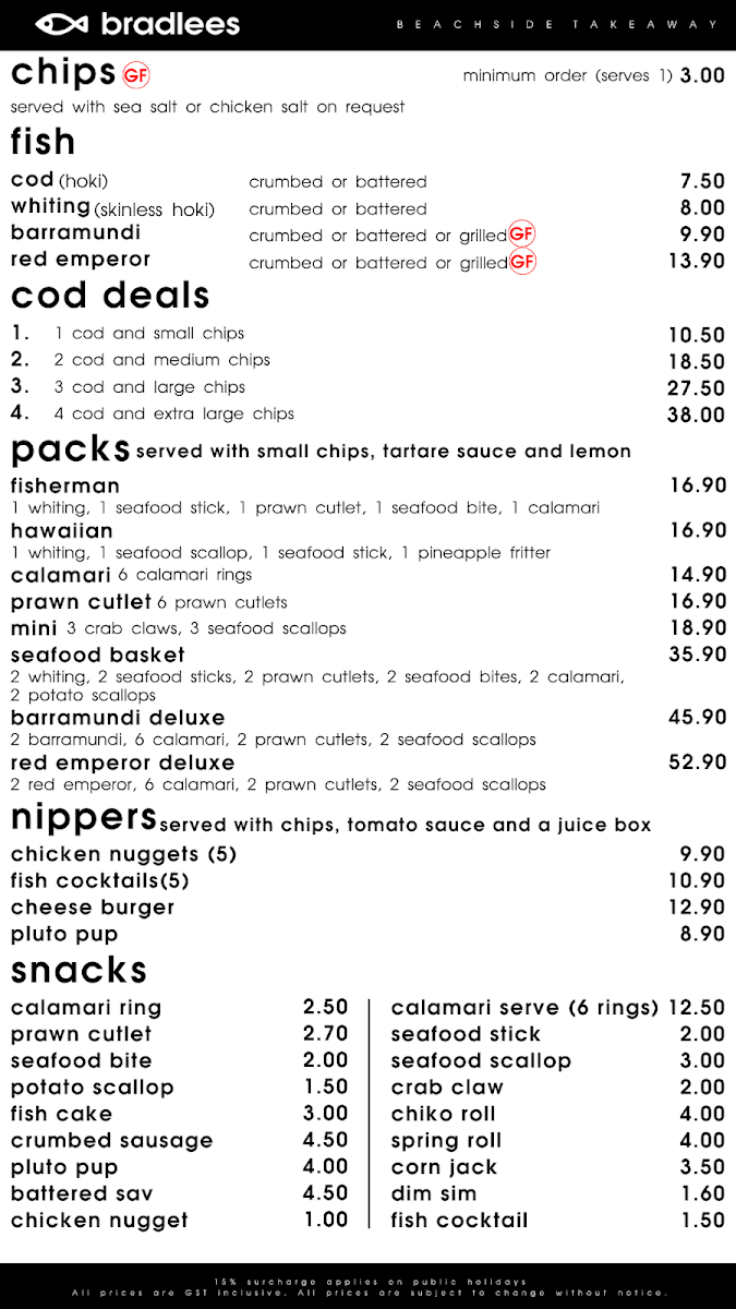 Menu, Bradlees Beachside Takeaway
