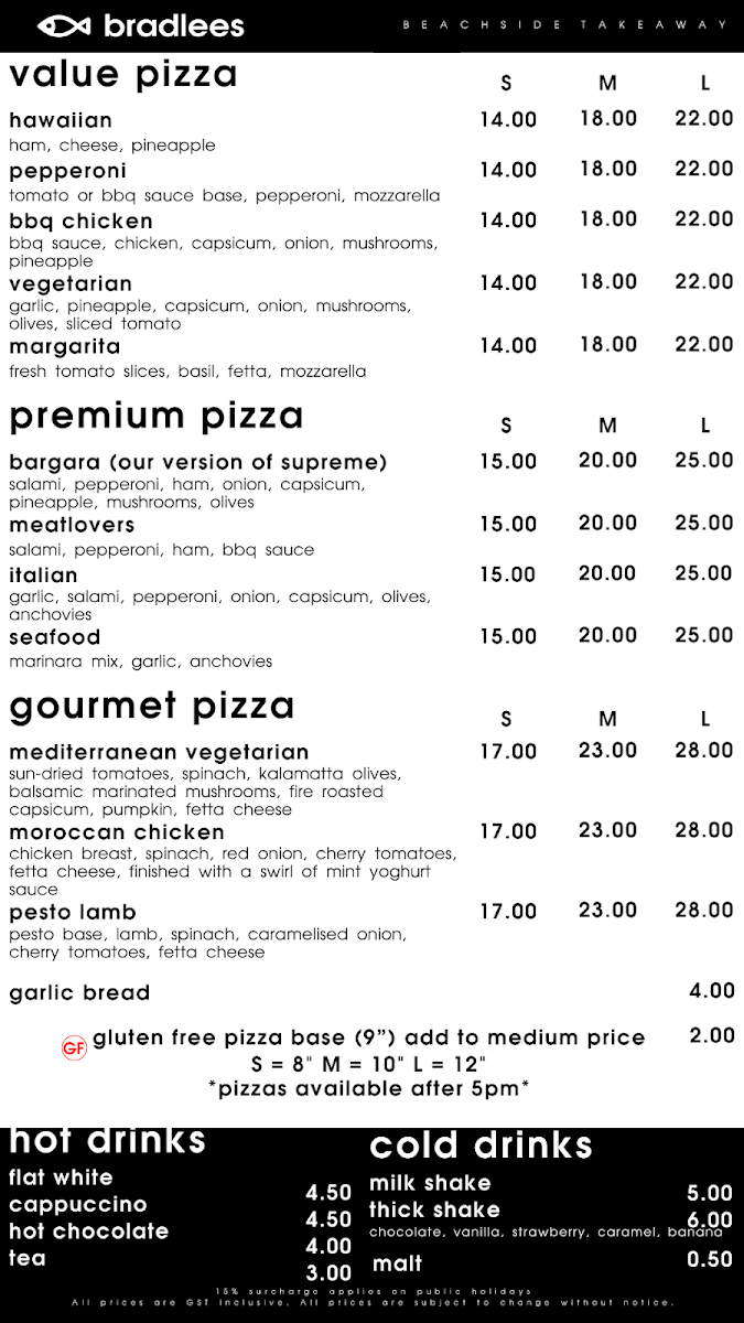 Menu, Bradlees Beachside Takeaway