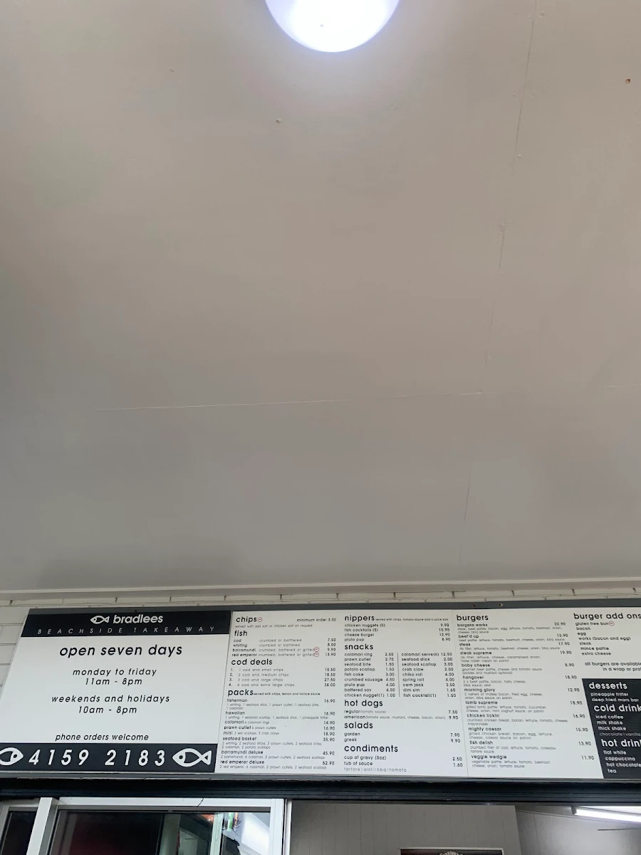 Menu, Bradlees Beachside Takeaway