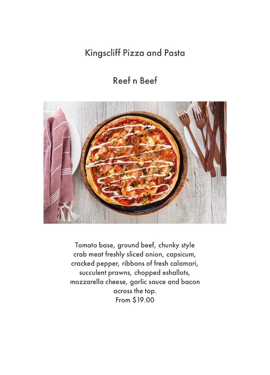Menu, Kingscliff Pizza and Pasta
