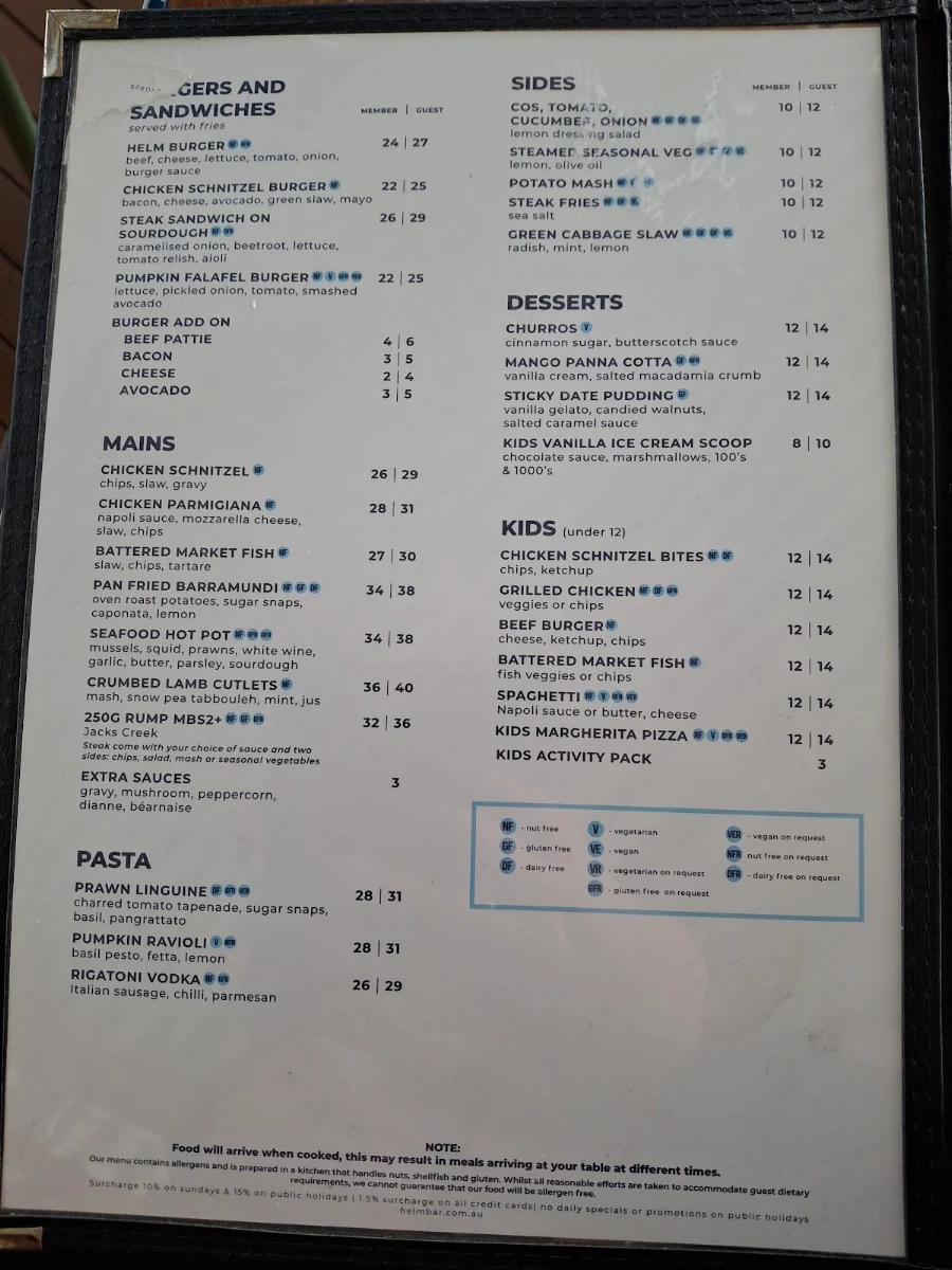 Menu, Helm Cockle Bay