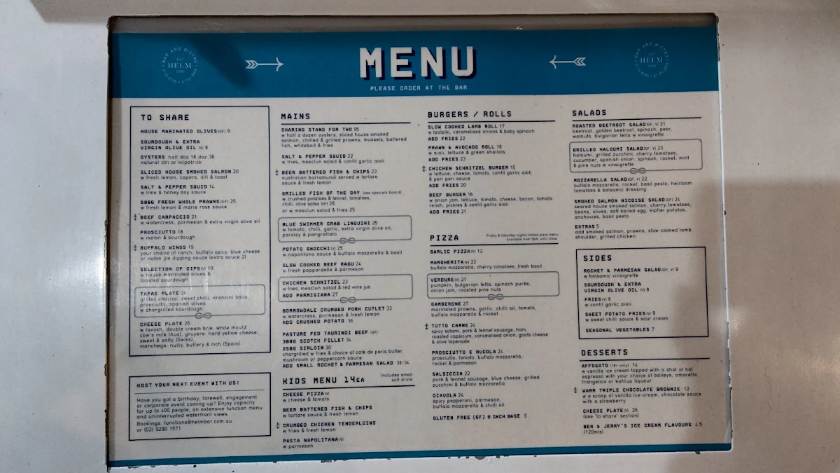 Menu, Helm Cockle Bay