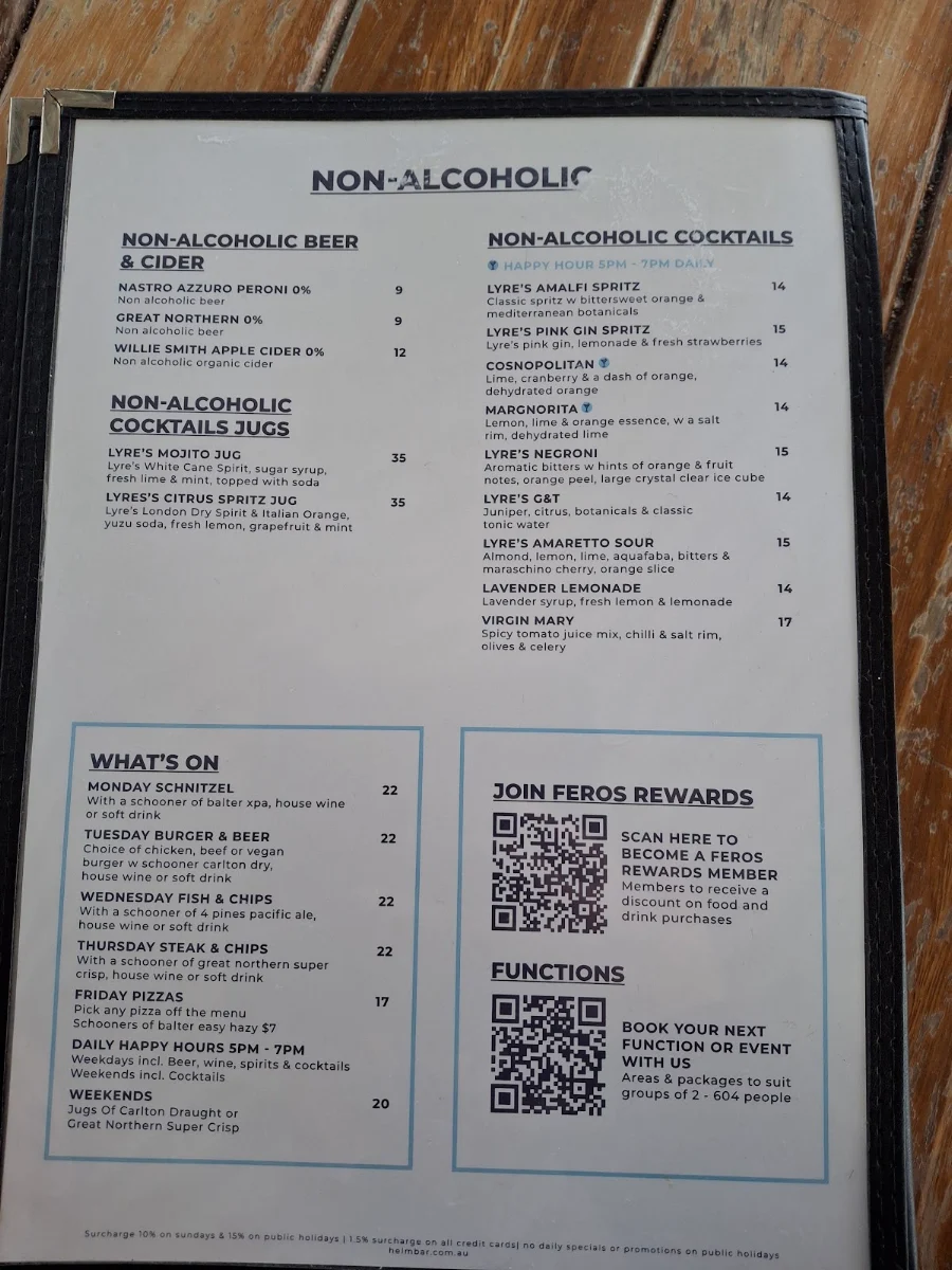 Menu, Helm Cockle Bay