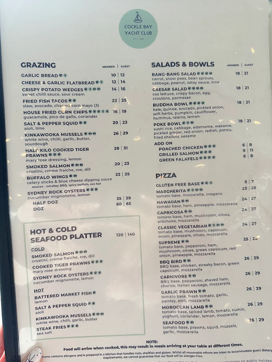 Menu, Helm Cockle Bay
