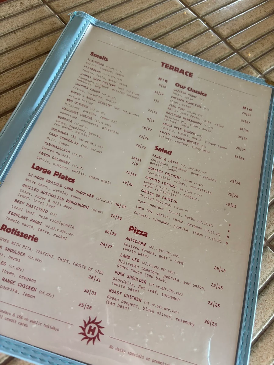 Menu, Helm Cockle Bay