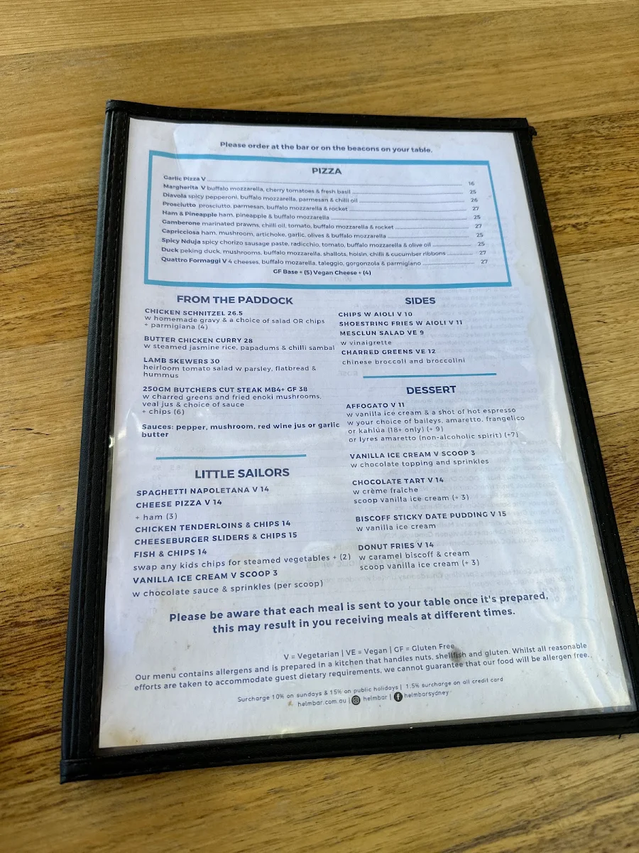 Menu, Helm Cockle Bay