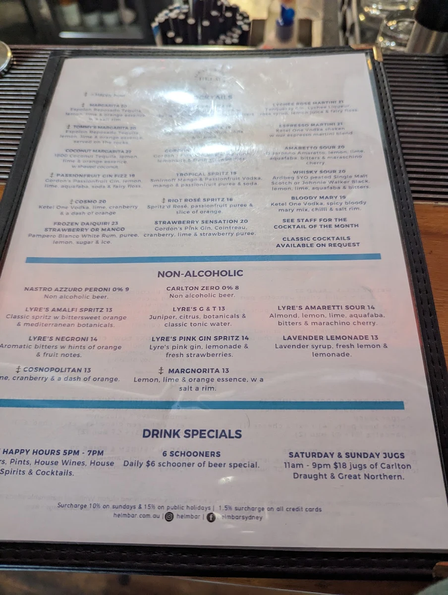 Menu, Helm Cockle Bay