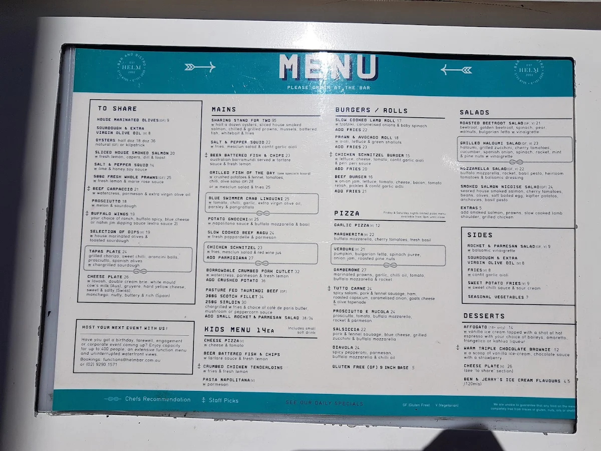 Menu, Helm Cockle Bay