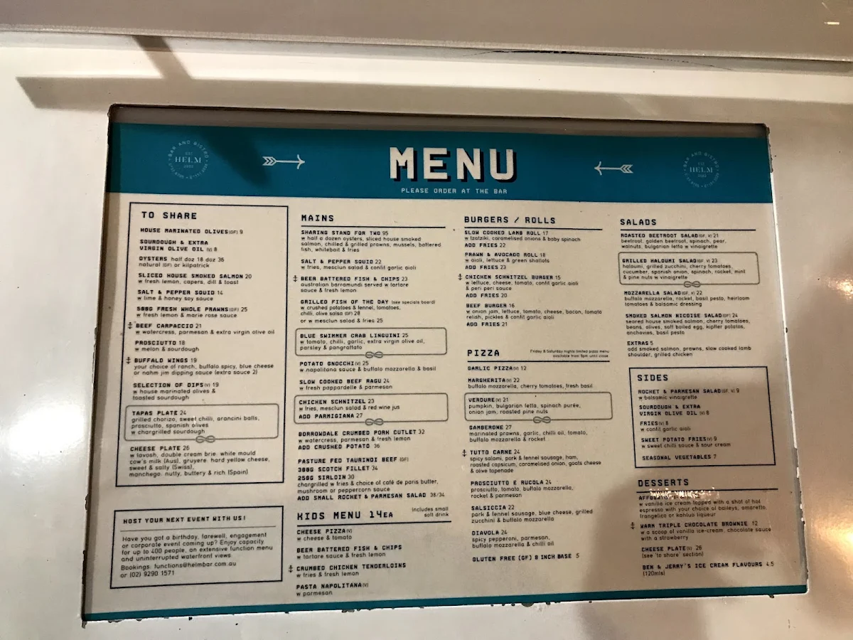 Menu, Helm Cockle Bay