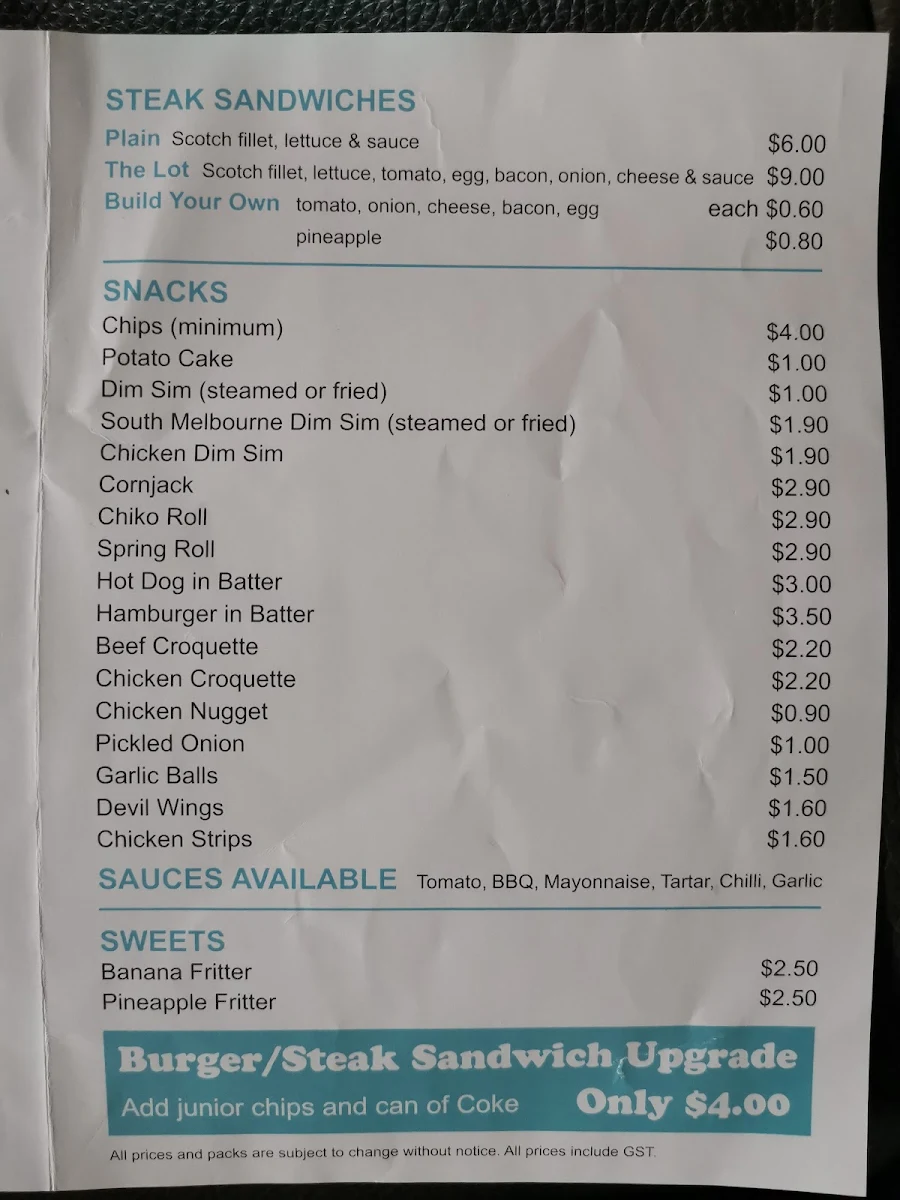 Menu, Clarinda Village Fish and Chippery
