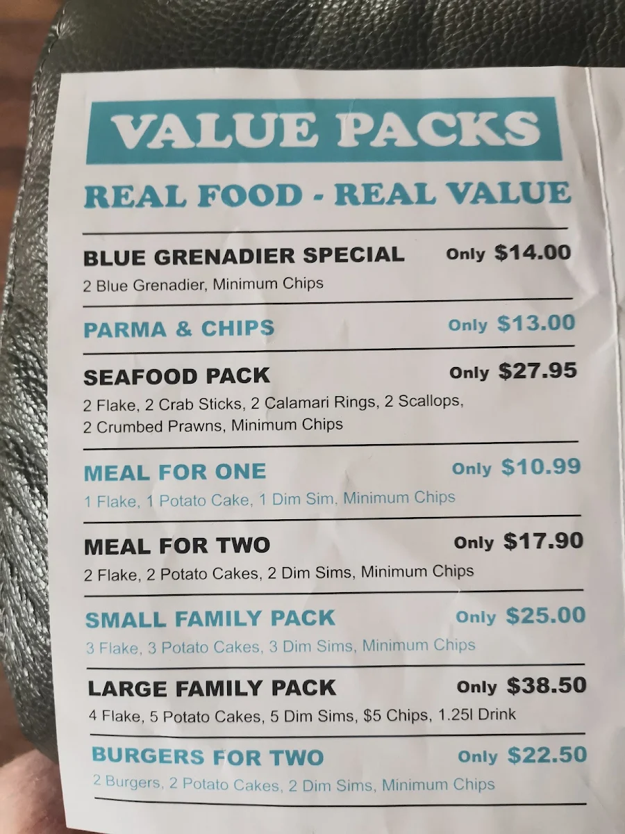 Menu, Clarinda Village Fish and Chippery